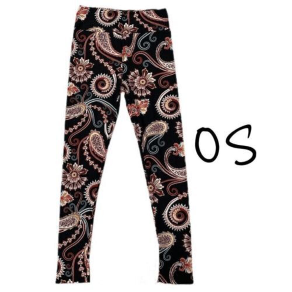 LuLaRoe Womens‎ Leggings OS Black Red Golden Floral Paisley One Size NWT